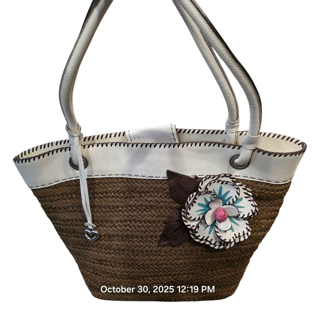 Brighton Rope Tote Purse White Trim Floral Appliqué Heart Charm Bag Summer